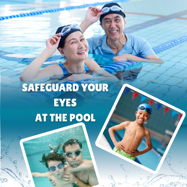 Kids and adults in pool with goggles on.